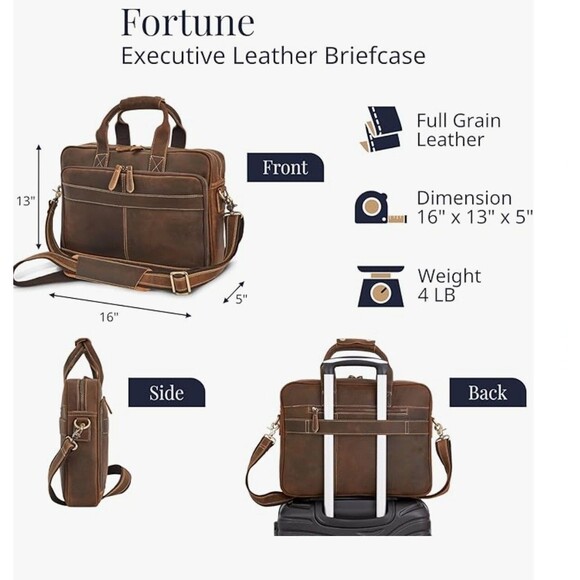 Luxorro Full-Grain Leather Laptop Bag Briefcase  for Men, 15.6-inch, Dark Brown - Picture 6 of 16